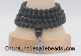 GMN2477 Hand-knotted 6mm black lava 108 beads mala necklaces with charm