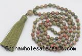GMN253 Hand-knotted 6mm unakite 108 beads mala necklaces with tassel