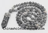 GMN2610 Hand-knotted 8mm, 10mm matte black water jasper 108 beads mala necklace with pendant