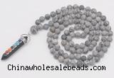 GMN2611 Hand-knotted 8mm, 10mm matte grey picture jasper 108 beads mala necklace with pendant