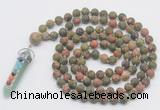 GMN2628 Knotted 8mm, 10mm matte unakite 108 beads mala necklace with pendant