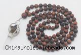 GMN2631 Knotted 8mm, 10mm matte red tiger eye 108 beads mala necklace with pendant