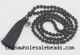 GMN308 Hand-knotted 6mm black lava 108 beads mala necklaces with tassel & charm