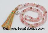 GMN311 Hand-knotted 6mm volcano cherry quartz 108 beads mala necklaces with tassel & charm