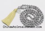GMN313 Hand-knotted 6mm grey picture jasper 108 beads mala necklaces with tassel & charm