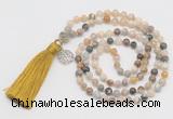 GMN322 Hand-knotted 6mm bamboo jeaf agate 108 beads mala necklaces with tassel & charm