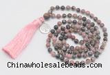 GMN325 Hand-knotted 6mm rhodonite 108 beads mala necklaces with tassel & charm