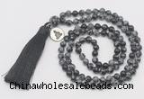 GMN328 Hand-knotted 6mm snowflake obsidian 108 beads mala necklaces with tassel & charm