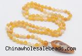 GMN4005 Hand-knotted 8mm, 10mm yellow banded agate 108 beads mala necklace with pendant