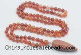 GMN4007 Hand-knotted 8mm, 10mm red banded agate 108 beads mala necklace with pendant