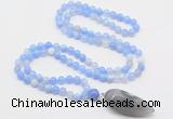GMN4008 Hand-knotted 8mm, 10mm blue banded agate 108 beads mala necklace with pendant