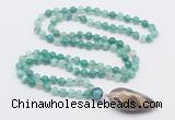 GMN4010 Hand-knotted 8mm, 10mm green banded agate 108 beads mala necklace with pendant