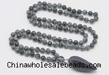 GMN4030 Hand-knotted 8mm, 10mm snowflake obsidian 108 beads mala necklace with pendant