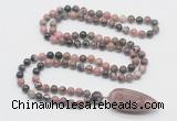 GMN4036 Hand-knotted 8mm, 10mm rhodonite 108 beads mala necklace with pendant