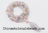 GMN4057 Hand-knotted 8mm, 10mm morganite 108 beads mala necklace with pendant