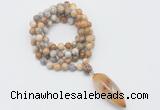 GMN4063 Hand-knotted 8mm, 10mm yellow crazy agate 108 beads mala necklace with pendant