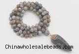 GMN4065 Hand-knotted 8mm, 10mm silver needle agate 108 beads mala necklace with pendant