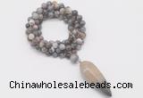 GMN4066 Hand-knotted 8mm, 10mm Botswana agate 108 beads mala necklace with pendant