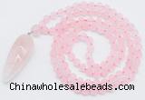 GMN4200 Hand-knotted 8mm, 10mm matte rose quartz 108 beads mala necklace with pendant