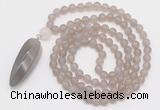 GMN4207 Hand-knotted 8mm, 10mm matte grey agate 108 beads mala necklace with pendant