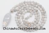 GMN4210 Hand-knotted 8mm, 10mm matte white crazy agate 108 beads mala necklace with pendant