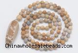 GMN4212 Hand-knotted 8mm, 10mm matte fossil coral 108 beads mala necklace with pendant