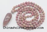 GMN4214 Hand-knotted 8mm, 10mm matte pink wooden jasper 108 beads mala necklace with pendant