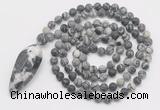 GMN4220 Hand-knotted 8mm, 10mm matte black water jasper 108 beads mala necklace with pendant