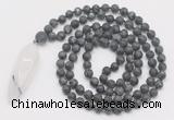 GMN4222 Hand-knotted 8mm, 10mm matte black labradorite 108 beads mala necklace with pendant