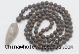 GMN4223 Hand-knotted 8mm, 10mm matte bronzite 108 beads mala necklace with pendant
