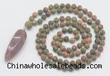 GMN4224 Hand-knotted 8mm, 10mm matte unakite 108 beads mala necklace with pendant