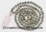 GMN4225 Hand-knotted 8mm, 10mm matte rhyolite 108 beads mala necklace with pendant