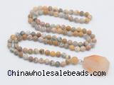 GMN4411 Hand-knotted 8mm, 10mm matte yellow crazy agate 108 beads mala necklace with pendant