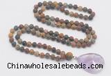 GMN4416 Hand-knotted 8mm, 10mm matte picasso jasper 108 beads mala necklace with pendant