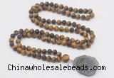 GMN4429 Hand-knotted 8mm, 10mm matte yellow tiger eye 108 beads mala necklace with pendant