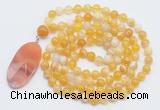 GMN4605 Hand-knotted 8mm, 10mm yellow banded agate 108 beads mala necklace with pendant