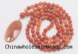 GMN4607 Hand-knotted 8mm, 10mm red banded agate 108 beads mala necklace with pendant