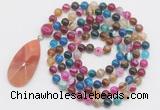 GMN4611 Hand-knotted 8mm, 10mm colorful banded agate 108 beads mala necklace with pendant