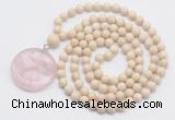GMN4619 Hand-knotted 8mm, 10mm white fossil jasper 108 beads mala necklace with pendant