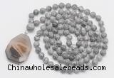 GMN4621 Hand-knotted 8mm, 10mm grey picture jasper 108 beads mala necklace with pendant