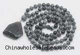 GMN4629 Hand-knotted 8mm, 10mm snowflake obsidian 108 beads mala necklace with pendant