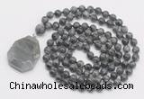 GMN4633 Hand-knotted 8mm, 10mm black labradorite 108 beads mala necklace with pendant