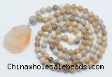 GMN4636 Hand-knotted 8mm, 10mm fossil coral 108 beads mala necklace with pendant