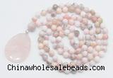 GMN4641 Hand-knotted 8mm, 10mm natural pink opal 108 beads mala necklace with pendant