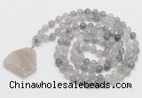 GMN4647 Hand-knotted 8mm, 10mm cloudy quartz 108 beads mala necklace with pendant
