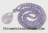 GMN4651 Hand-knotted 8mm, 10mm amethyst 108 beads mala necklace with pendant