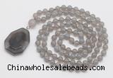 GMN4658 Hand-knotted 8mm, 10mm grey agate 108 beads mala necklace with pendant
