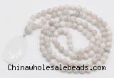 GMN4660 Hand-knotted 8mm, 10mm white crazy agate 108 beads mala necklace with pendant