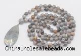 GMN4663 Hand-knotted 8mm, 10mm silver needle agate 108 beads mala necklace with pendant