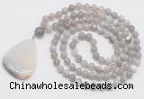 GMN4665 Hand-knotted 8mm, 10mm grey banded agate 108 beads mala necklace with pendant